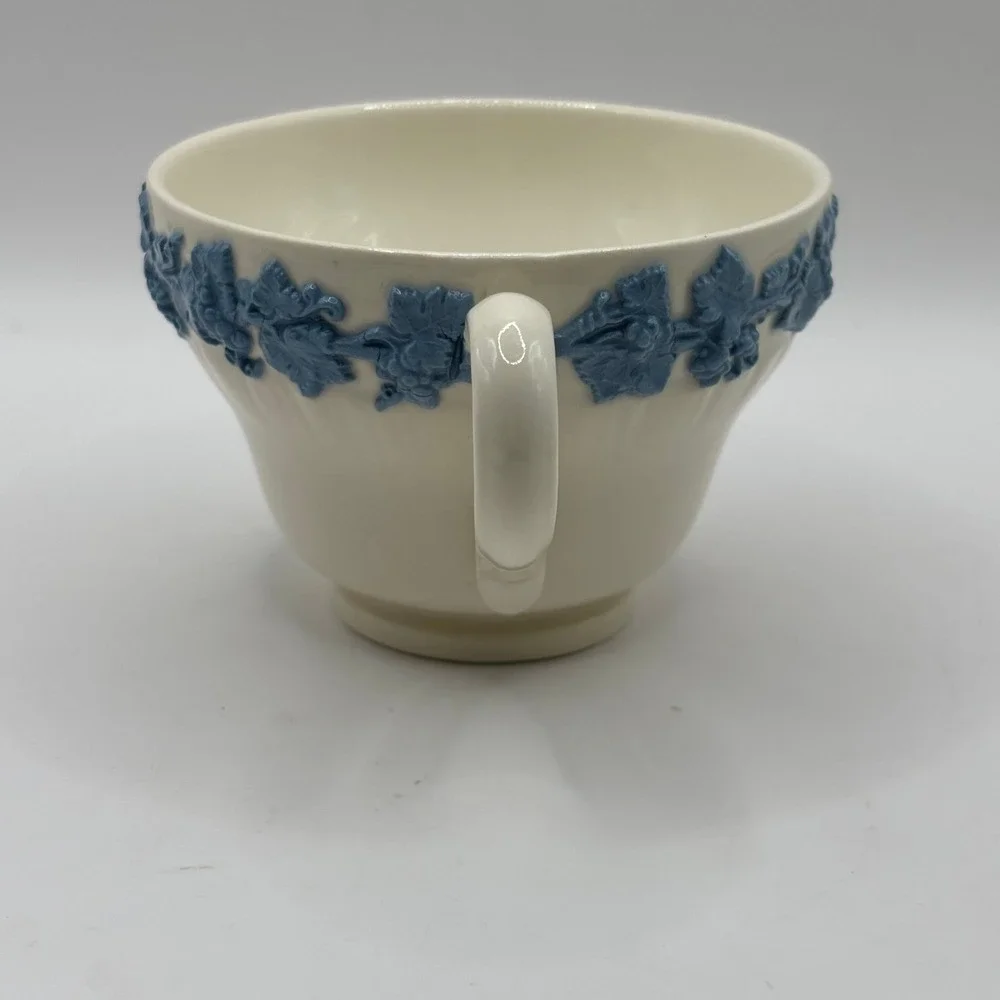 Wedgwood Embossed Queens‎ Ware Tea Cup and Saucer Lavender Blue on Cream England
